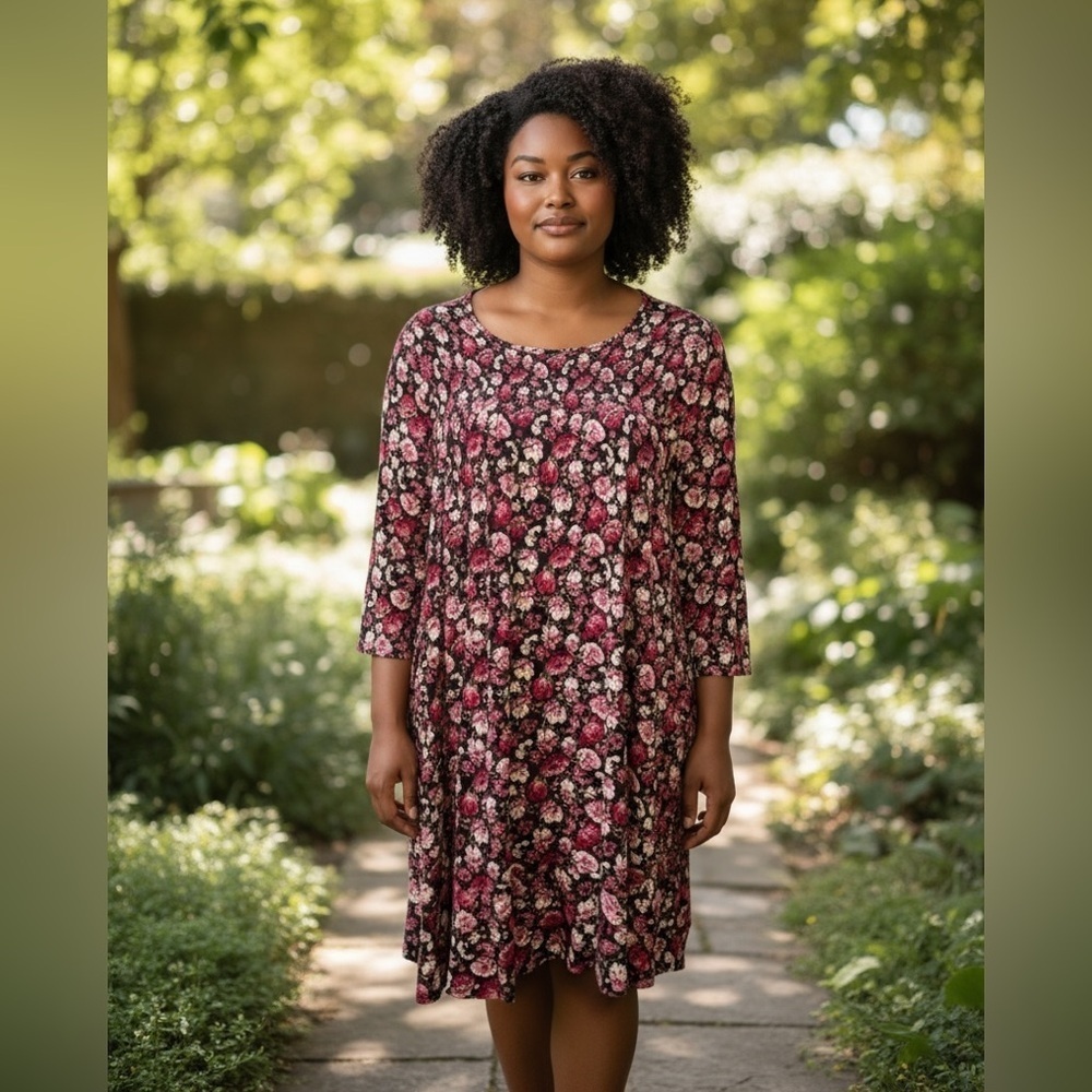 NEW, Penningtons, Plus Size Floral Stretch Dress, 2X, Pink, Black, White